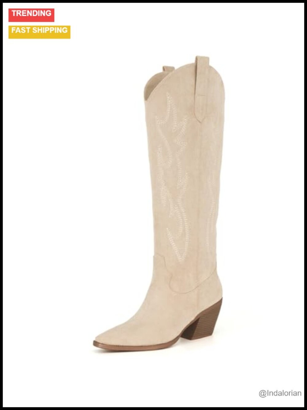 Knee High Cowboy Boots Pointed Toe Block Heel Faux Suede Embroidered